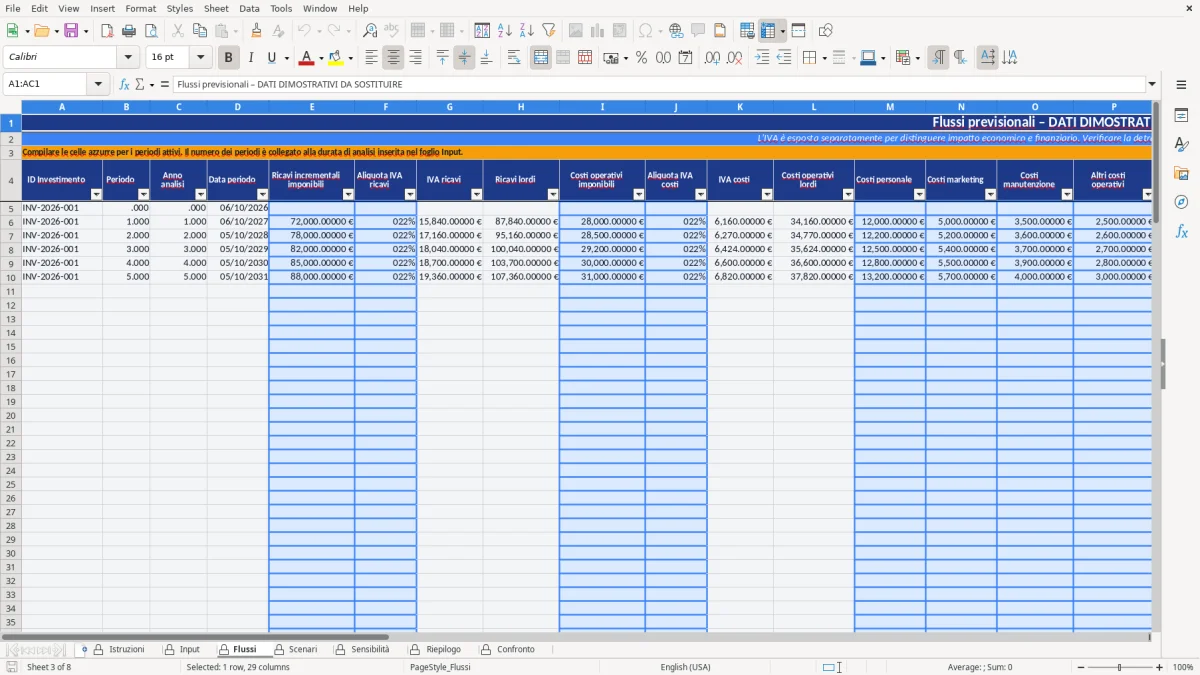 Figura 3: Foglio Flussi - Modello Excel Calcolo ROI investimenti Excel - Modello Gratis (2026)