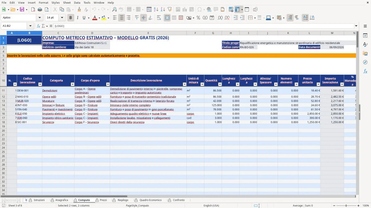 Figura 3: Foglio Computo - Modello Excel Computo metrico estimativo Excel - Modello Gratis (2026)