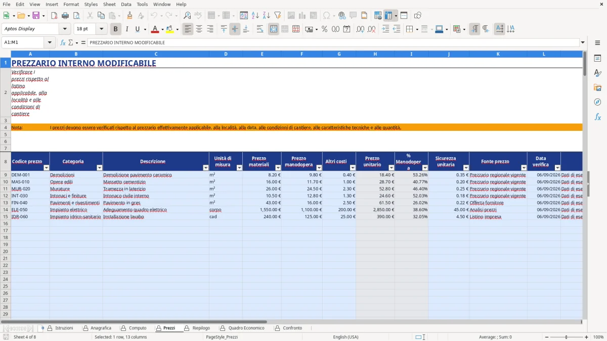 Figura 4: Foglio Prezzi - Modello Excel Computo metrico estimativo Excel - Modello Gratis (2026)