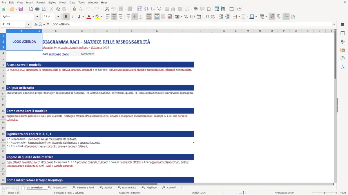 Figura 1: Foglio Istruzioni - Modello Excel Diagramma RACI responsabilità Excel - Modello Gratis (2026)