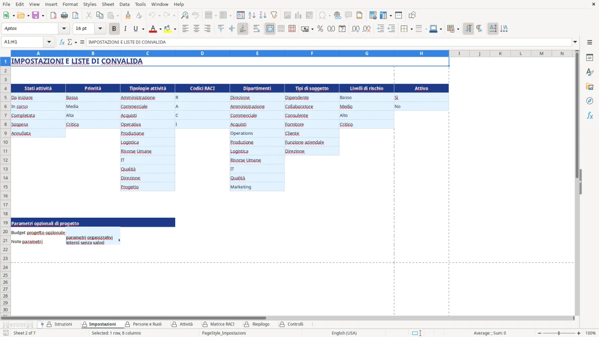 Figura 2: Foglio Impostazioni - Modello Excel Diagramma RACI responsabilità Excel - Modello Gratis (2026)