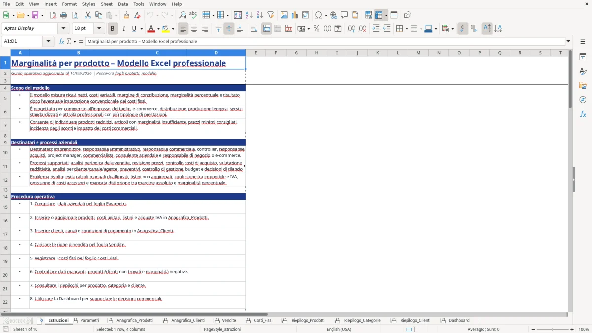 Figura 1: Foglio Istruzioni - Modello Excel Marginalità per prodotto Excel - Modello Gratis (2026)