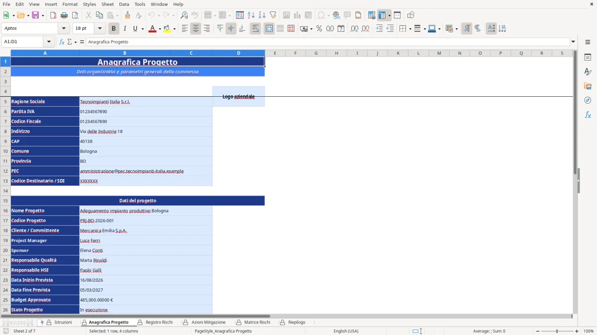 Figura 2: Foglio Anagrafica Progetto - Modello Excel Matrice rischi progetto Excel - Modello Gratis (2026)