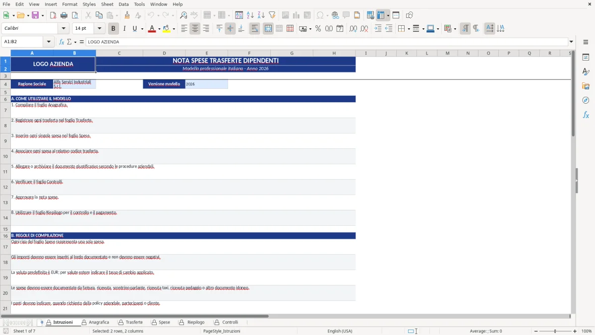 Figura 1: Foglio Istruzioni - Modello Excel Nota spese trasferte dipendenti Excel - Modello Gratis (2026)