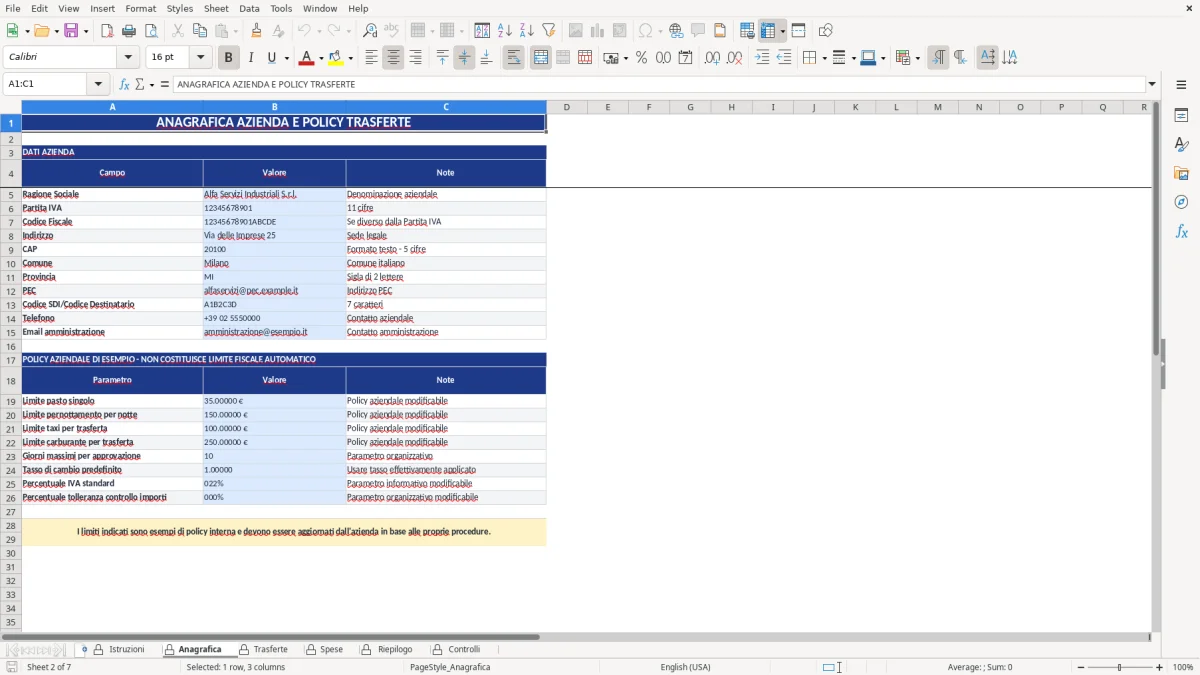 Figura 2: Foglio Anagrafica - Modello Excel Nota spese trasferte dipendenti Excel - Modello Gratis (2026)