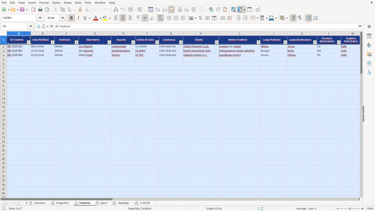 Figura 3: Foglio Trasferte - Modello Excel Nota spese trasferte dipendenti Excel - Modello Gratis (2026)