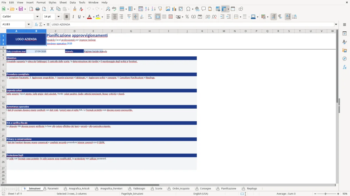Figura 1: Foglio Istruzioni - Modello Excel Pianificazione approvvigionamenti Excel - Modello Gratis (2026)