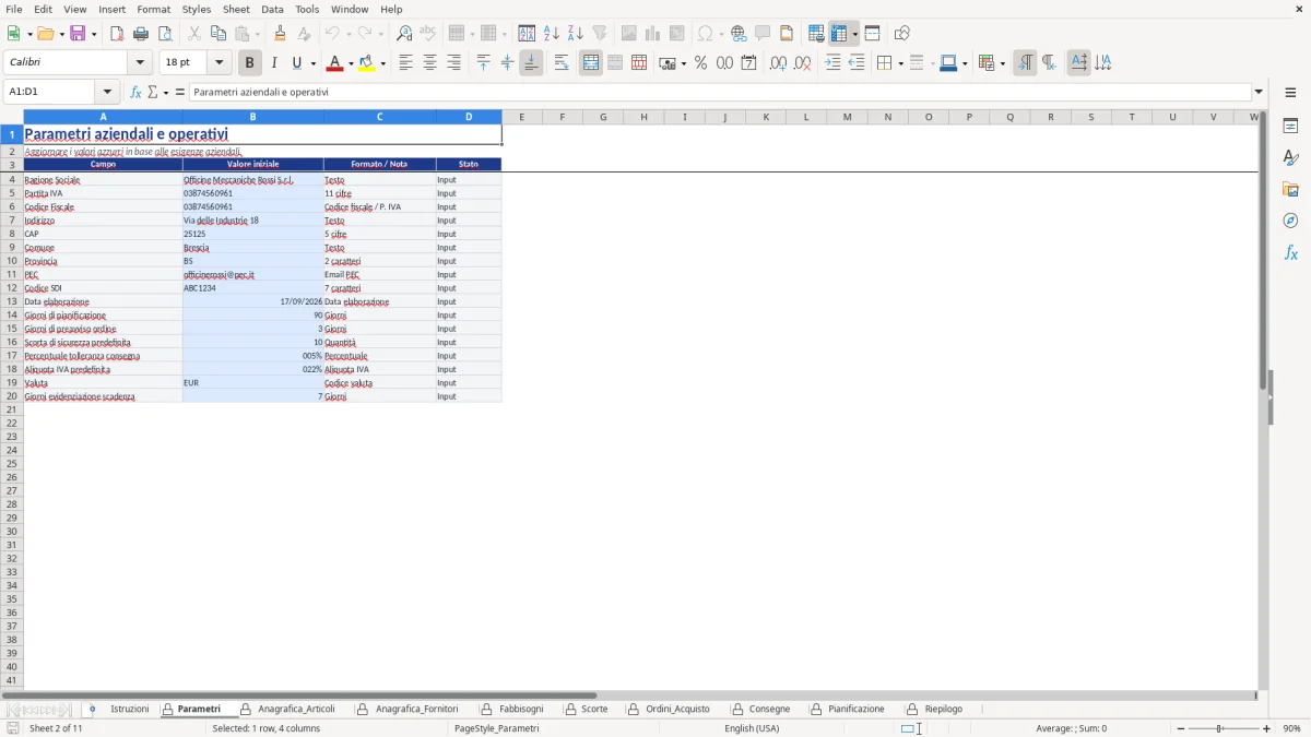 Figura 2: Foglio Parametri - Modello Excel Pianificazione approvvigionamenti Excel - Modello Gratis (2026)