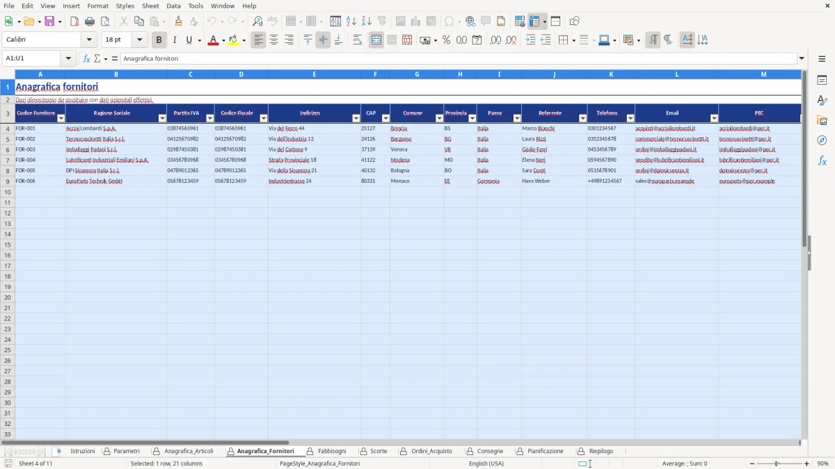 Figura 4: Foglio Anagrafica_Fornitori - Modello Excel Pianificazione approvvigionamenti Excel - Modello Gratis (2026)